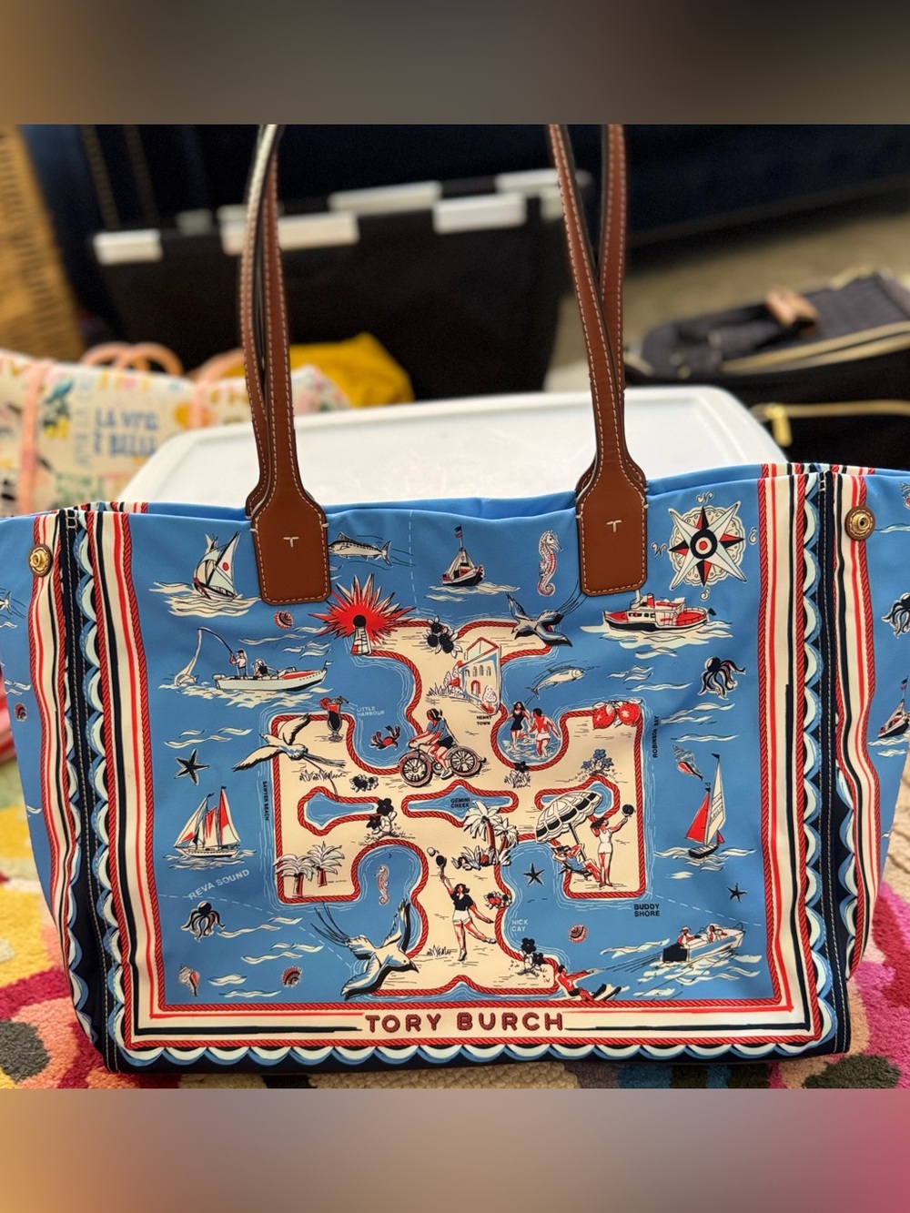 Tory Burch Blue Nautical Map Print Tote with Brown Leather Handles